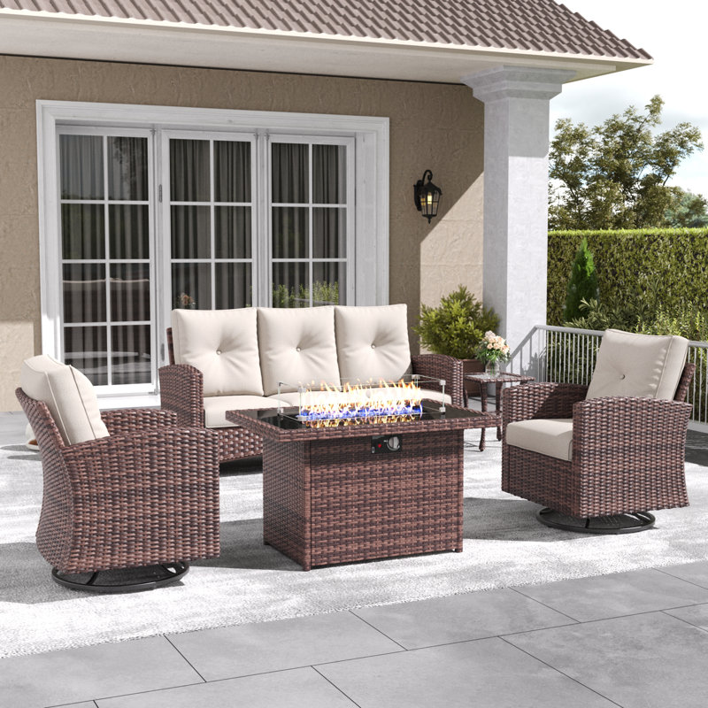 Lark Manor™ 5 Pieces Patio Furniture Set with Swivel Chairs, Rattan Wicker Rocking Glide Chairs with 44" Propane Gas Fire Pit Table Conversation Set