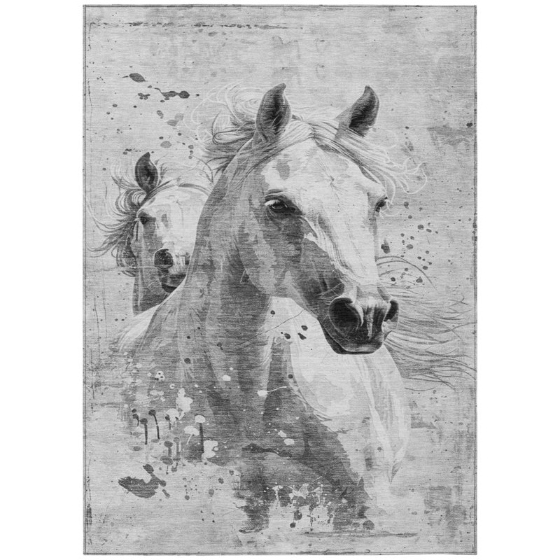 3' X 5' Gray And Silver Horse Washable Indoor Outdoor Area Rug