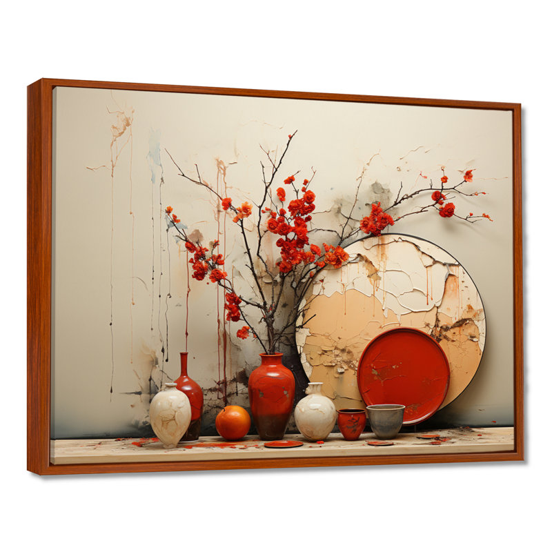 Vase rouge fleurs rouges séchées, Toile avec cadre flottant brun, H 30 po x l 40 po x P 1,5 po