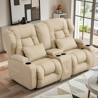 Manual Reclining Loveseat Sofa With Center Console, Cup Holders And LED Lights - Plush Theater Seating