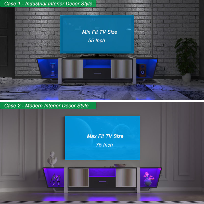TV Console With Large Storage Cabinets, Biplane Shape Design LED TV Stand With Remote Control, Multiple Modes Changing Lights Modern Entertainment Centre With Power Cord