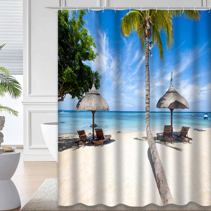 Paradis blanc, plage de sable, palmier, île tropicale, bleu, vert, 12 crochets, L 72 po x l 72 po