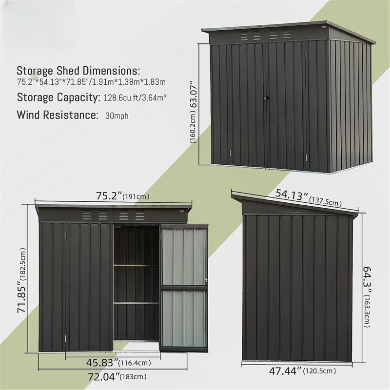 Storage Shed With Sloping Roof Galvanized Steel Frame Outdoor Garden Shed Metal Utility Tool Storage Room With Latches And Lockable Door For Balcony (Dark Gray)
