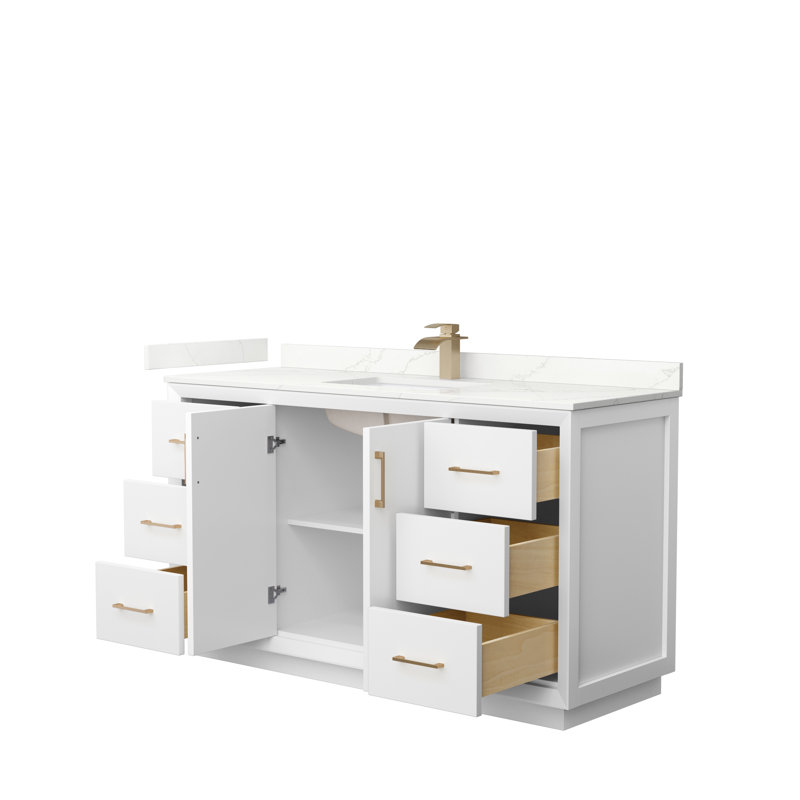 Meuble-lavabo simple 60 po avec plateau Strada, Quartz Giotto, Blanc, Nickel brossé