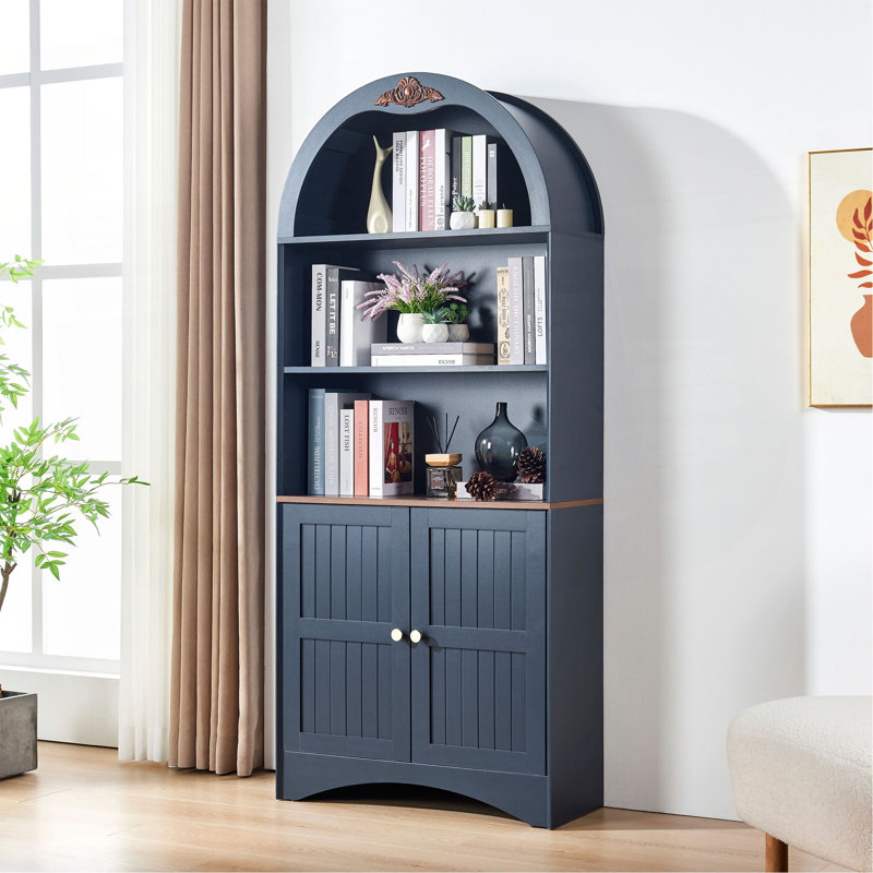 Armoire de rangement arquée avec appliques décoratives, buffet en panneau de fibres à densité moyenne anti-égratignures, tablettes et charnières réglables, sangle anti-basculement, armoire à vin de rangement autoportante pour le salon et la salle à manger