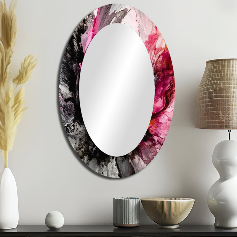 Black Gold Marble Splash V - Abstract Oval Decorative Mirror On Metal, 36" x 24"