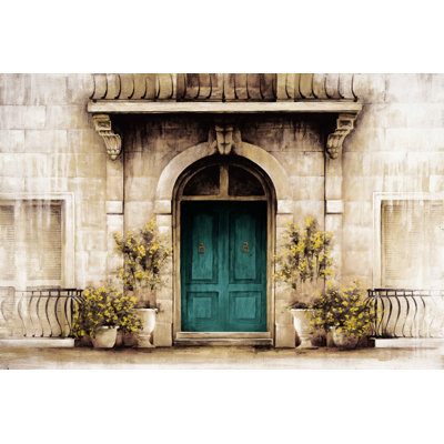 Teal Door Yellow Flowers Tuscan Scene 1 Piece Wrapped Canvas Wall Art