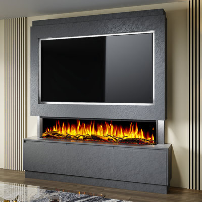Evolution Fires Pre-Built Media Wall Package 21, finished in textured Venetian Plaster, includes Spectrum Series 60 Series 3-Sided Electric Fireplace