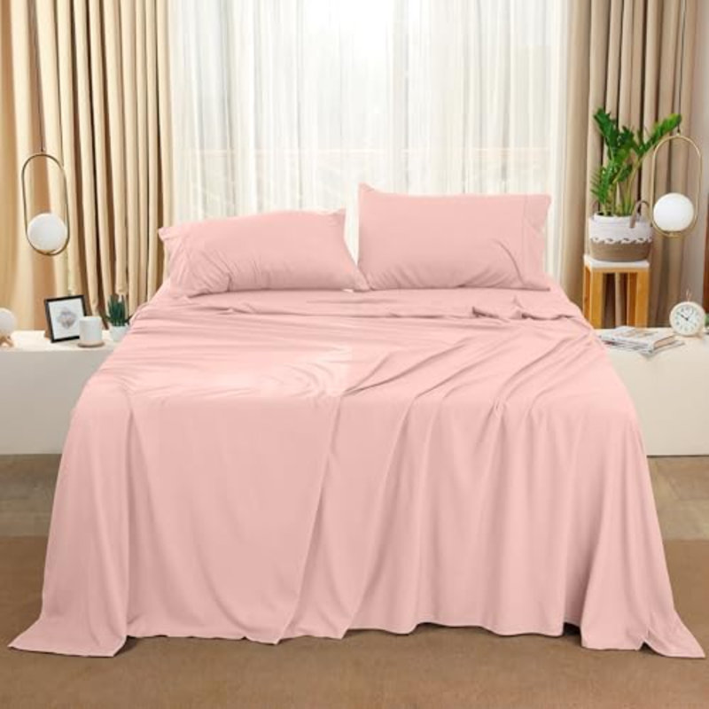 Ensemble de draps pour grand lit - 4 draps pour grand lit, microfibre douce et respirante, comprend 1 drap-housse, 1 drap plat et 2 taies d'oreiller (rose thé)
