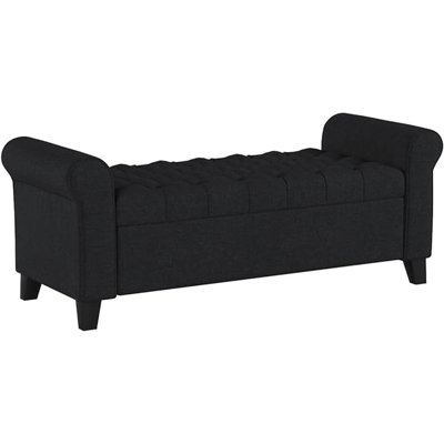 Elegant Dark Gray Fabric Storage Bench With Button Attractive Feature And Rolled Arms Versatile Touch