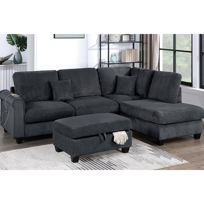 Canapé d'angle contemporain 3 pièces avec méridienne à droite, méridienne à gauche avec rangement et coussins assortis pour salon. Ensemble de 3 pièces moderne avec jeté de canapé.