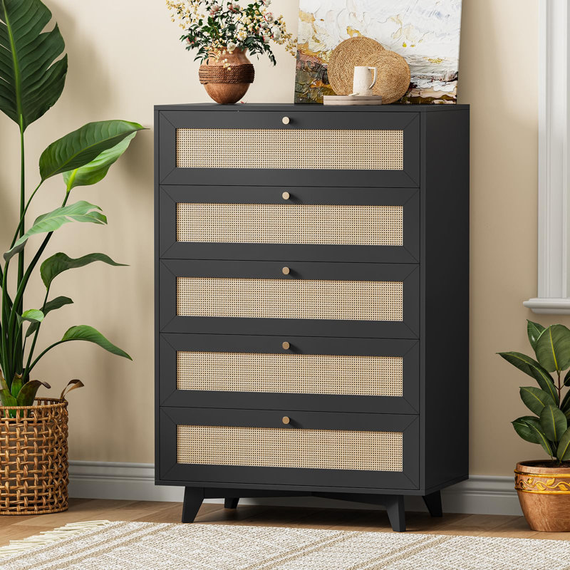  5 Drawers Rattan Dresser, Black