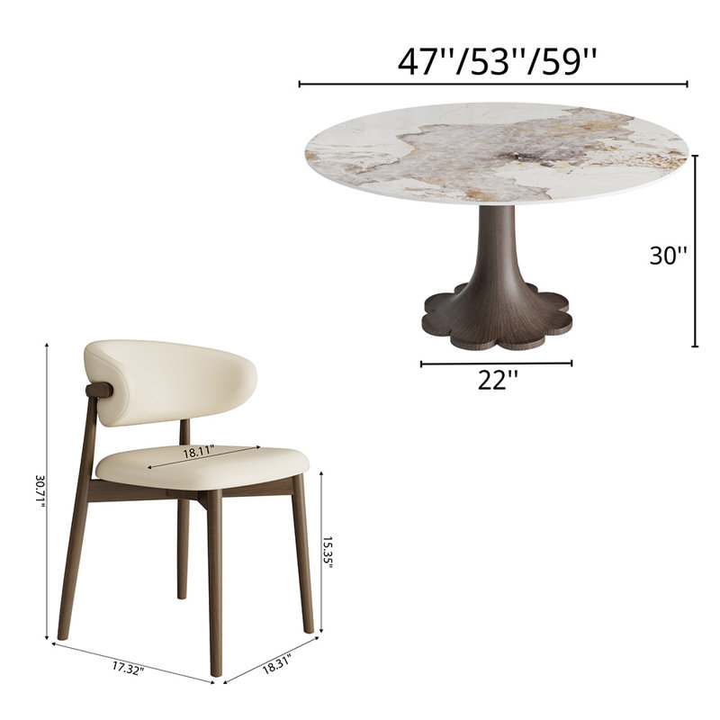 Mid-Century Modern Snow/Sand Sintered Stone Round Colyer Solid Wood Floral-Shaped Pedestal Walnut/Dark Walnut Tone (1 Table, 4/6/8 Chairs)