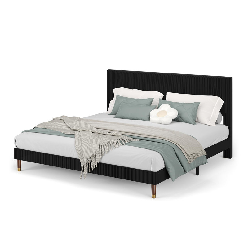 Base de lit plateforme avec tête de lit, cadre de lit rembourré en velours côtelé avec support en lattes de bois, aucun sommier nécessaire