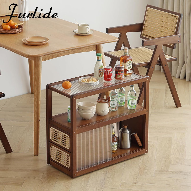 Mid-Century Modern Rattan Side Table With Glass Top And Storage, Walnut