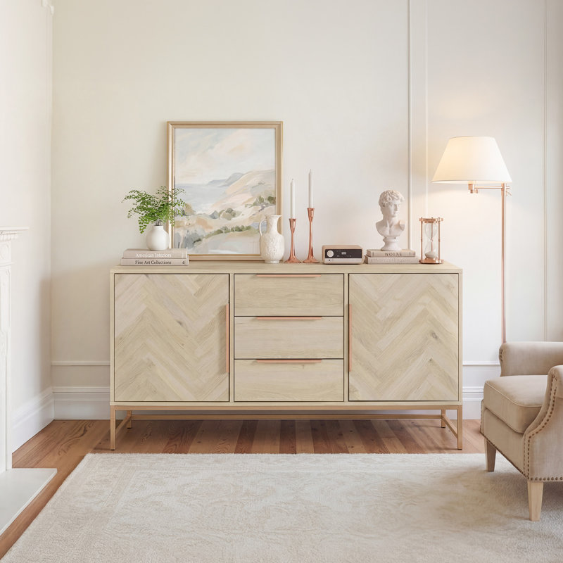Buffet en chevron de 63 po avec 3 tiroirs et tablettes réglables, Chêne blanc