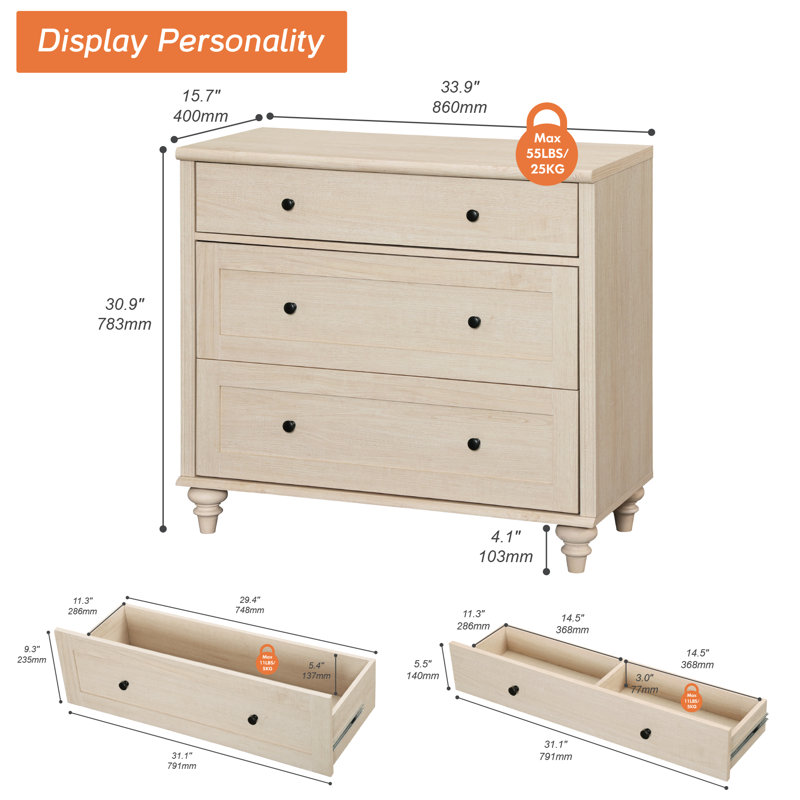 Commode 3 tiroirs l 33,9 po Scarlett, Beige