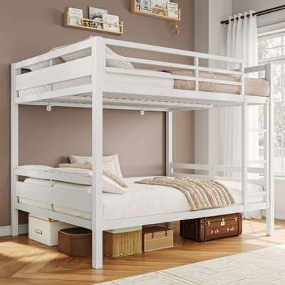 Metal Bunk Bed Full Over Full, Heavy Duty Metal Bed with Ladder and High Guardrail, Under-Bed Storage Space, No Box Spring Needed, Noise Free,White