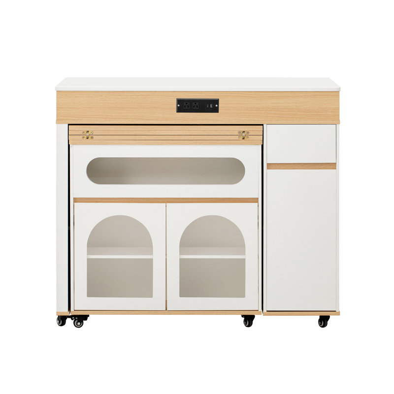 Extendable Dining Table With Extra-Long Folding Top, Rolling Kitchen Island With Drawers, Power Outlet And Brake Lock, Storage Cabinet For Kitchen And Dining Room