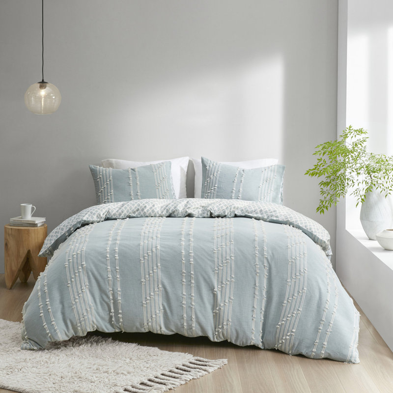 Housse de couette double / grand, coton avec rayures naturelles et boutons de motif de literie 3 pièces