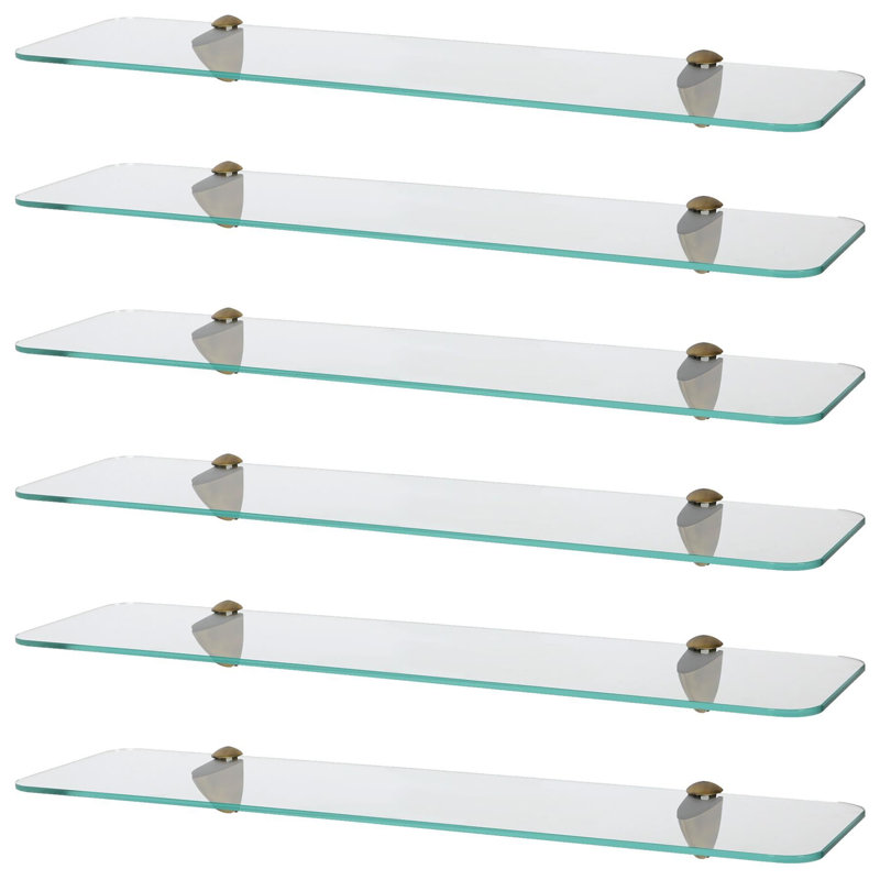 Harbour Housewares - Rounded Floating Glass Shelves with Metallic Brackets - Set of 6, 13 H x 60 W x 0.5 D cm, Gold