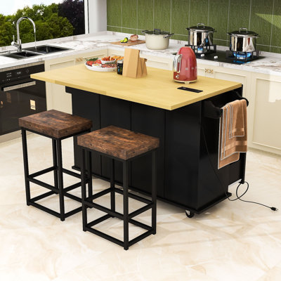 Nels 3-Piece Wooden Kitchen Island Set, Kitchen Island with Drop Leaf, Storage Cabinet and 2 Stools by Lark Manor