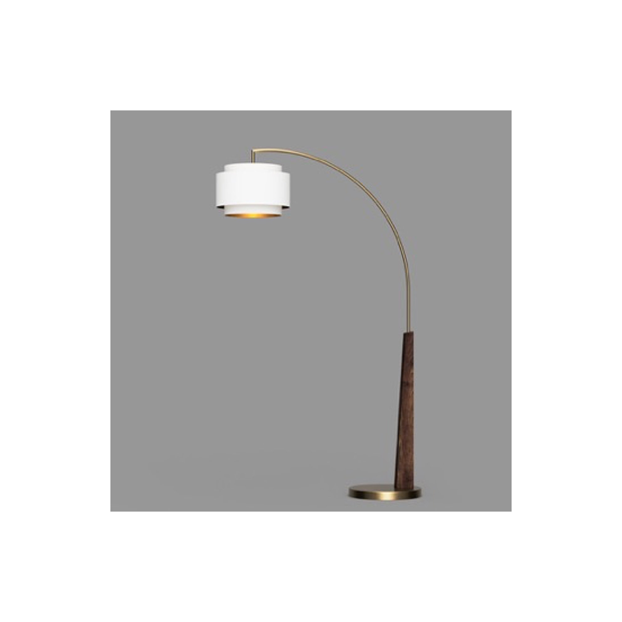 Coronado 1 Light Arc Floor Lamp - Dark Walnut & Weathered Brass , White Linen Double Shade, Dimmer Switch