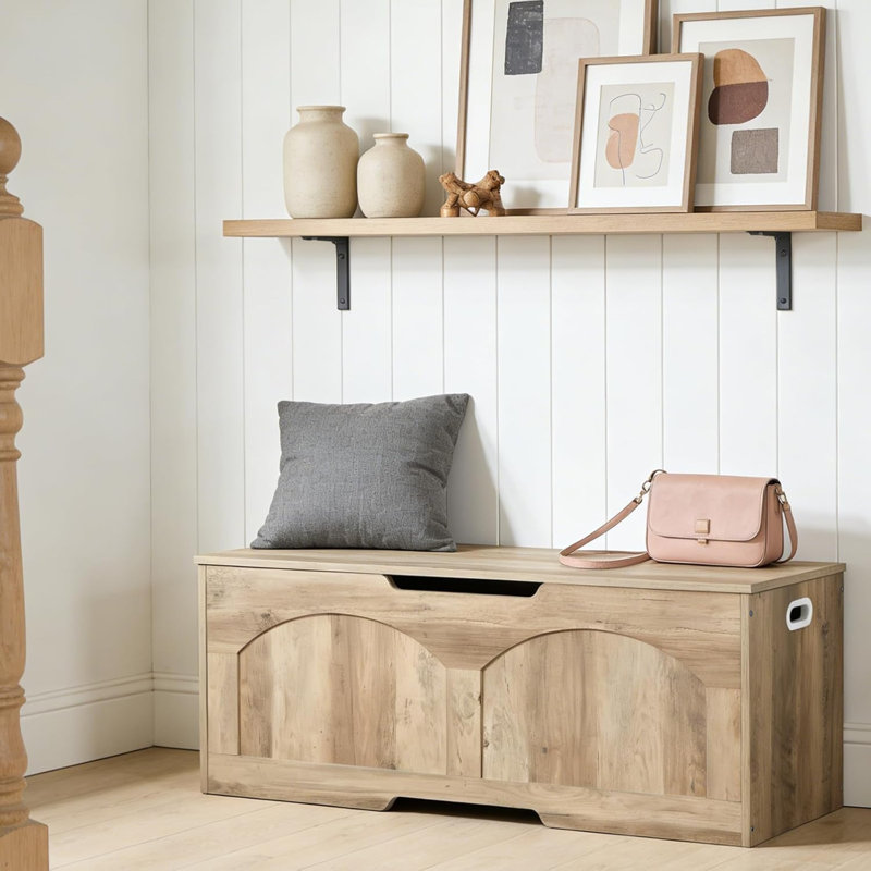 Banc de rangement pour hall d'entrée 39 po avec coffre rabattable, charnière de sécurité, poignée en forme de U, rangement en bois, gris