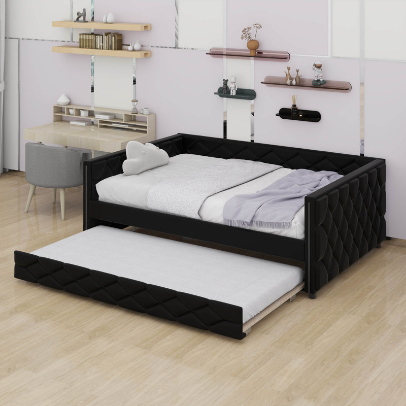 Lit de jour double rembourré de taille XL avec couchette et lumières DEL, canapé-lit en similicuir avec dossier capitonné à losanges