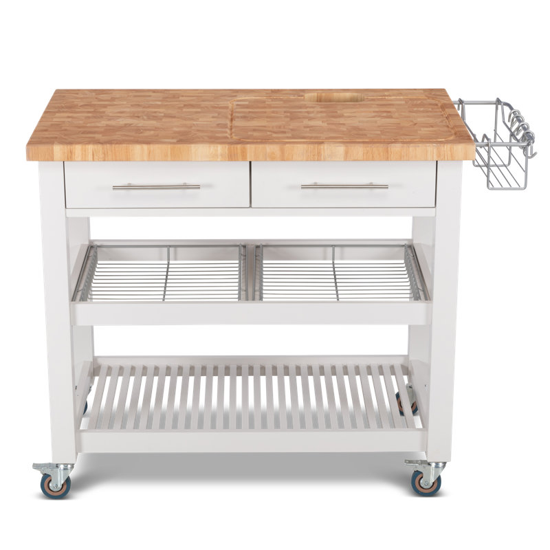 Îlot de cuisine en bois massif 46 po avec plateau de boucher et roulettes verrouillables, Blanc