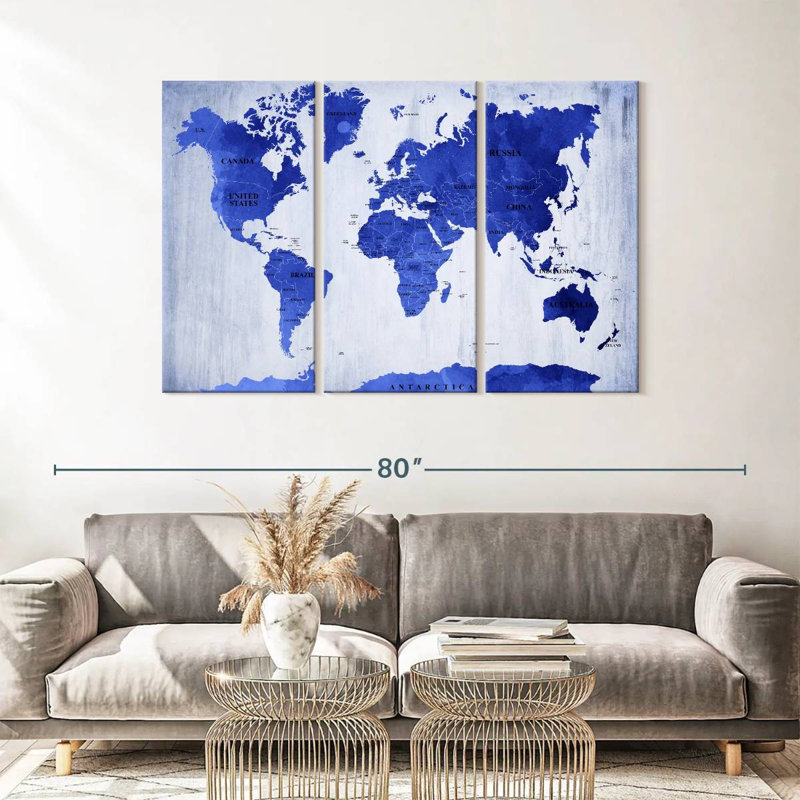 «Vivid Blue World Map», reproduction sur toile, H 36 po x l 57 po x P 1,25 po