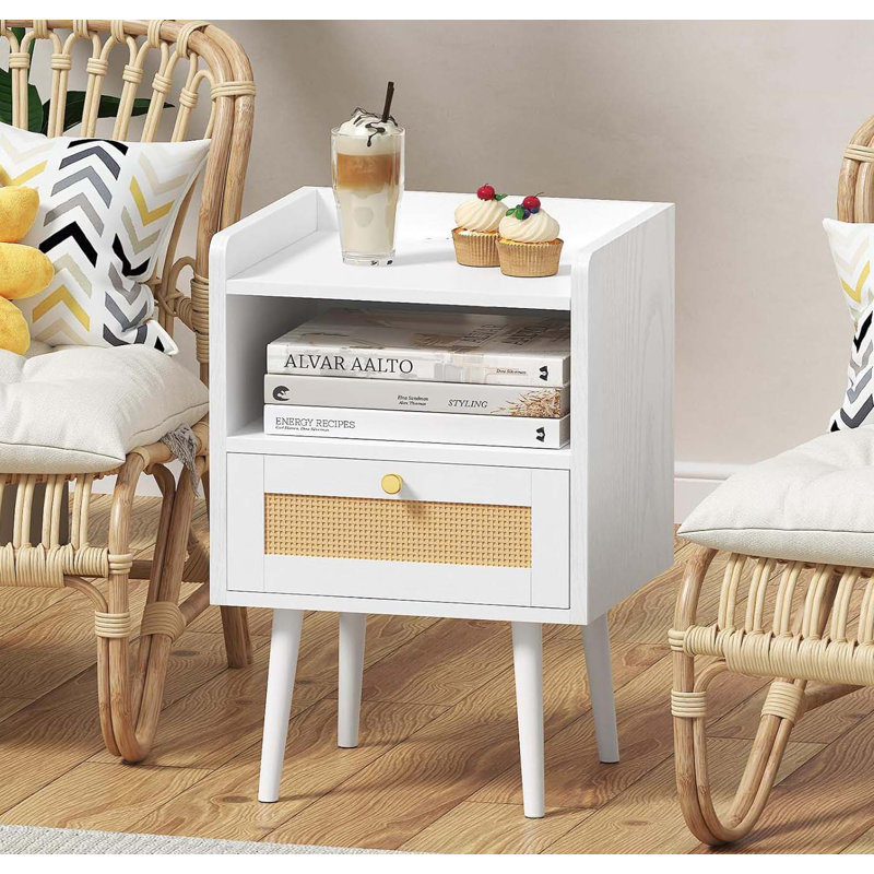 White Rattan Bedside Tables with Charging Station Set of 2