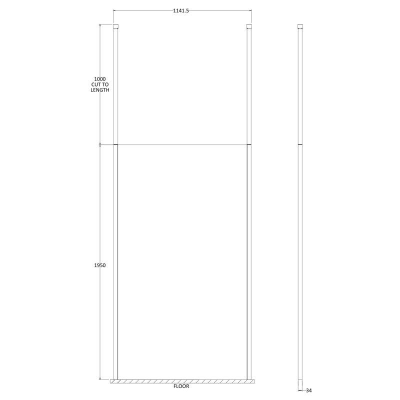 1100mm 1141.5mm W x 1950mm H Frameless Wet Room Glass Screens with Clear Glass