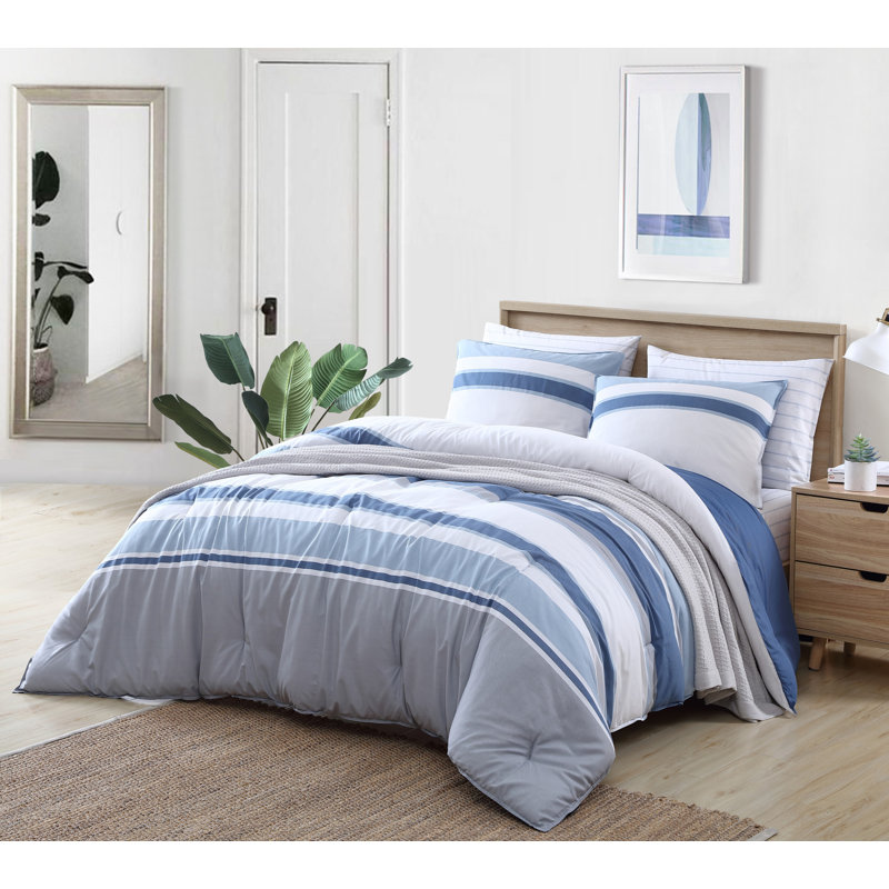 Full Blue Cotton Reversible Comforter Set with Shams