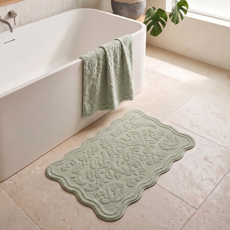 Gracie Floral Jacquard Scalloped Bath Mat, Sage Green