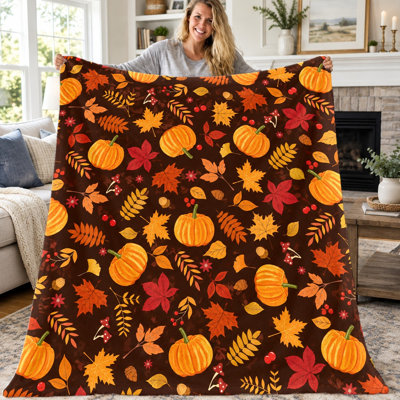 Couverture d'automne à motif de feuilles de citrouille, jeté douillet en flanelle douce, idéal pour canapé, lit, salon, chambre, bureau ou voyage. Couverture chaude toutes saisons, lavable à la machine. Cadeau idéal pour Thanksgiving.