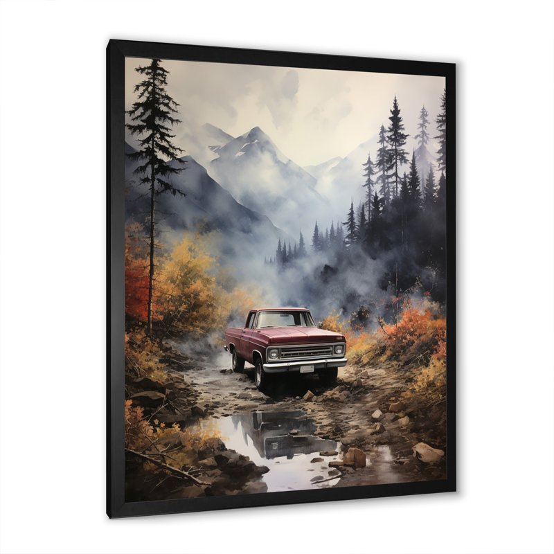 Yve Brown Pickup Truck Misty Mountains sur impression sur toile, H 20 po x l 12 po x P 1 po, Cadre photo noir