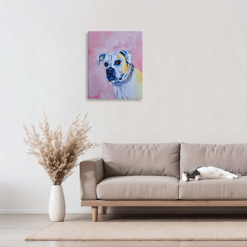 Chien regardant sur toile rose, design par Tatiana Roberts, H 20 po x l 16 po