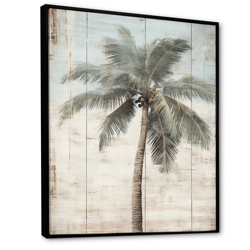 Palmier tropical dans des couleurs rétro délavées - prairie, art mural, H 44 po x l 34 po x P 1,5 po, Cadre flottant noir