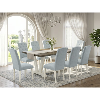 9-Pc Set Includes a Distressed Jacobean Dining Room Table and 8 Baby Blue Linen Fabric Kitchen Chairs with Button Tufted Back - Wire Brushed Linen White.