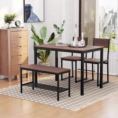 Ensemble de table de salle à manger industrielle 4 pièces avec banc, table de cuisine en bois et chaises avec support de rangement pour la cuisine