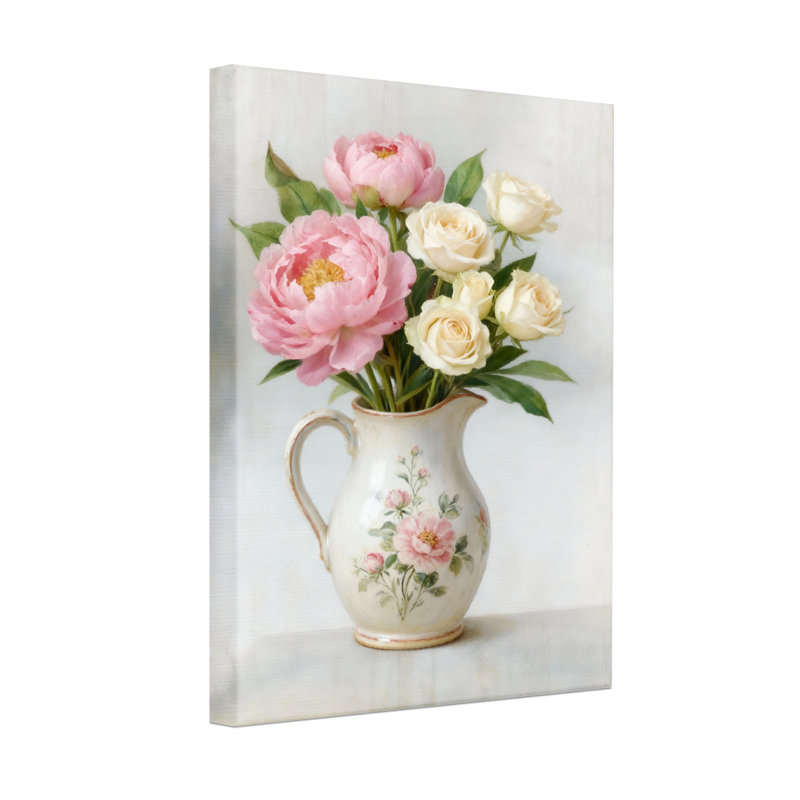 Plantes et fleurs pivoines roses et roses blanches dans un vase, H 30 po x l 20 po