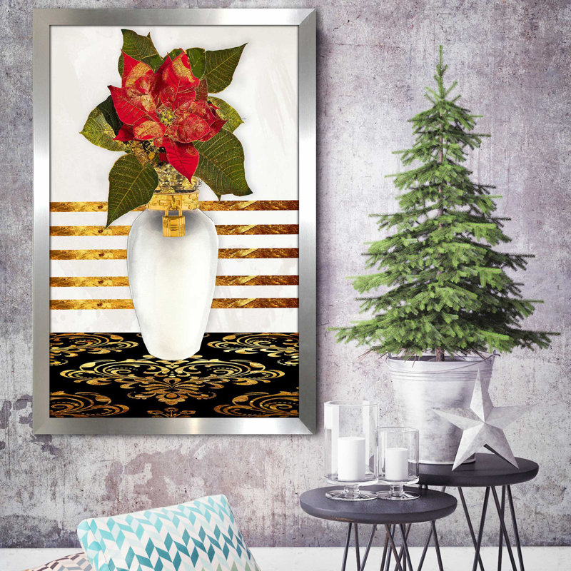 Poinsetta In Gold (Vertical) par By Jodi - impression, H 49,5 po x l 33,5 po x P 1 po, Encadrement argenté