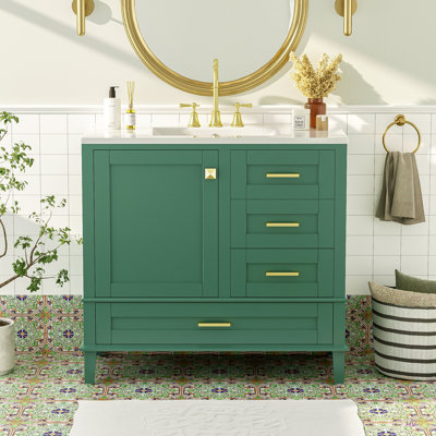 Meuble-lavabo moderne 36 po avec cadre en pin massif, 1 porte à fermeture douce et 3 tiroirs, armoire de rangement moderne