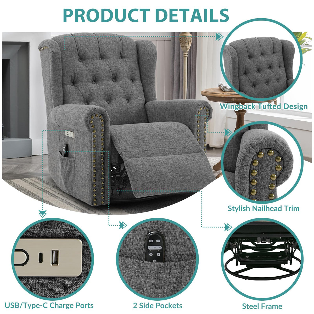 Meetwarm Power Swivel Rocking Glider Recliner Chair With Heat And ...