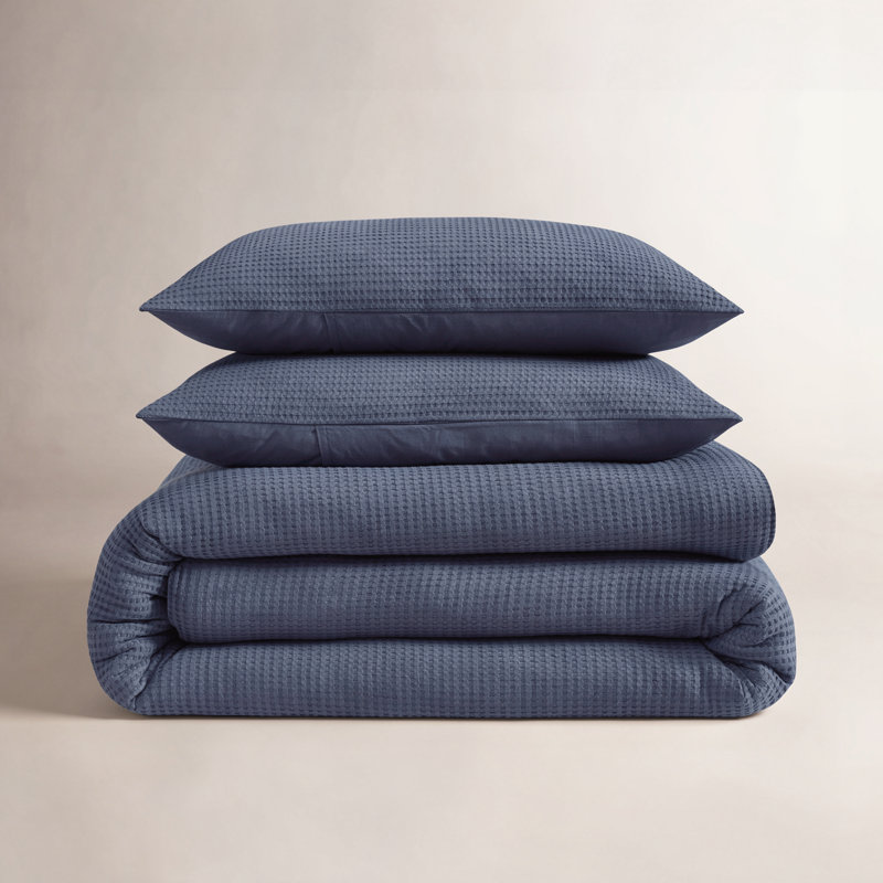Cotton Waffle Duvet 3 Pc , King Duvet Cover + 2 King Shams, Navy