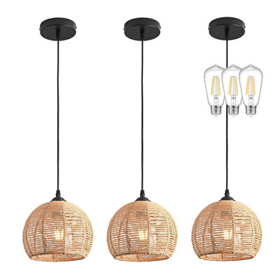 3-Pack Natural Wicker Pendant Lights - Boho Rustic Farmhouse Dome Chandeliers, Rattan Hanging Fixtures for Dining Room & Kitchen Island (Bulb Included)