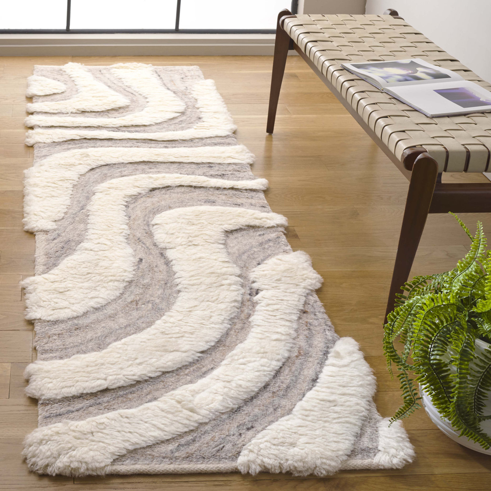 Beige Ivory Hand-Woven Abstract Wool Rug, Runner 2'3" x 8'