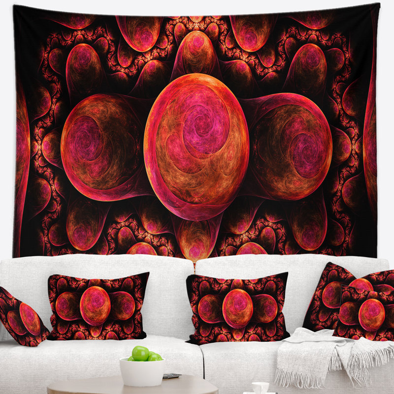 Tapisserie abstraite à motif fractal exotique rouge, H 78 po x l 92 po