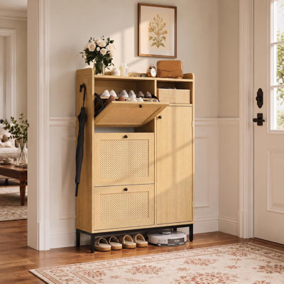 Rattan Shoe Cabinet with 3 Flip Drawers and Door, 35.43''x9.3''x51.69'' Entryway Space-Saving Narrow Shoe Storage Organizer for 18–24 pairs of shoes